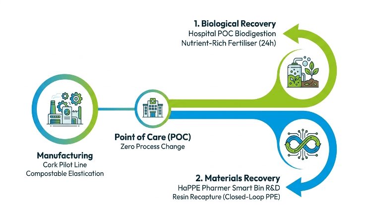 Circular HaPPE cycle from Manufacturing (Cork Pilot Line) to Point of Care, then Biological Recovery (hospital biodigestion → fertiliser in 24h) and Materials Recovery (HaPPE Pharmer smart bin / resin recapture).